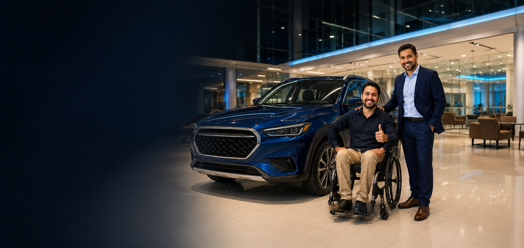 Cliente cadeirante satisfeito ao lado de um SUV premium e de um vendedor totalmente visível em uma concessionária